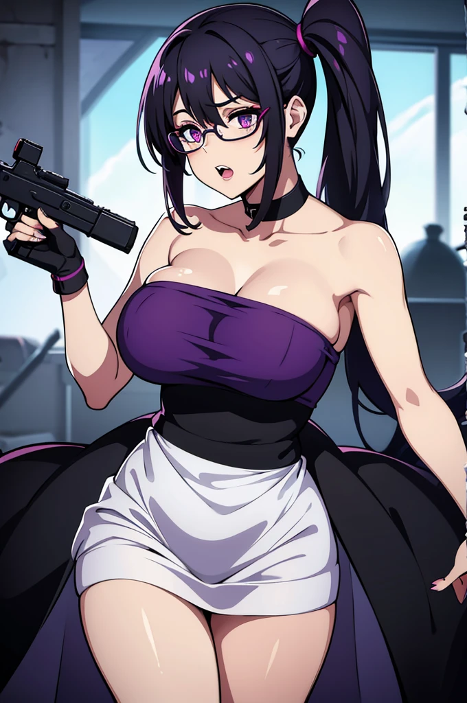 8k,Big Breasts,beauty,Purple glasses,Black Hair,Side Ponytail,Zombies are attacking,Gritting your teeth,Torn white dress,Holding a gun
