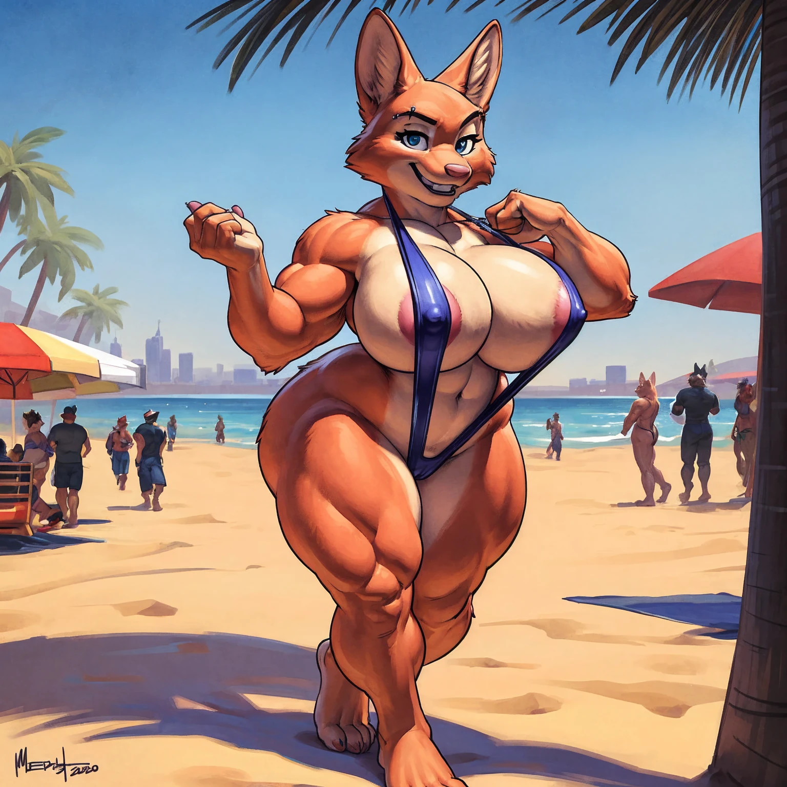 8K, ((masterpiece)), ((stunning artwork)), (carefully drawn), (highly detailed), solo, alone, uploaded to e621.net, solo, by meesh, by darkgem, by wfa, by kevinsano, diane foxington, eyebrow piercing, female, detailed eyes, perfect eyes, (huge breasts:1.1), nipple outline, (sling bikini:1.5), standing upright, older woman, milf, short, curvy, thick, muscular, buff, bodybuilder, bare midriff, bare feet, standing on sand, walking toward viewer, smiling, cute smile, tail, beachside, venice beach, los angeles, sunny day, brightly lit, standing upright, casual posture, crowded, figures in background
