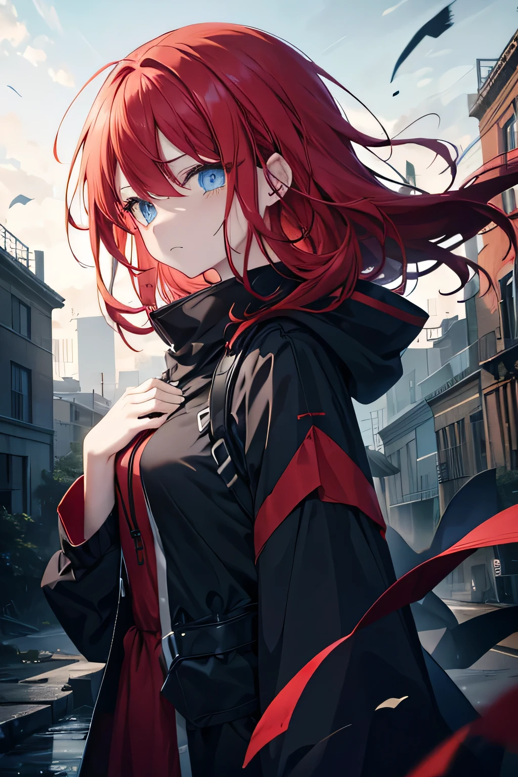 Red Hair、scratch、Shoulder-length hair、Black clothes、I'm wearing a hood、The whole body is sideways、blue eyes、Larger breasts、The wind is blowing、wilderness、Sad face、Dark Sky、ruins、Holding my hands、