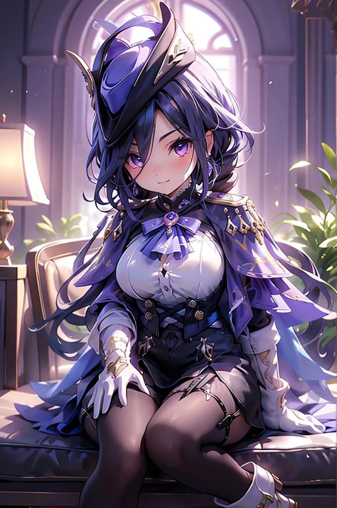 front、whole body、Looking down、Cross your arms、Fearless smile、clorinde \(genshin impact\),1girl,solo,purple eyes,hat feather,tricorne,white gloves,low ponytail,blue cape,blue hair,epaulettes,black pantyhose,ascot,breasts,black skirt,corset,blue headwear,boots,leg garter,black corset,shirt,earrings,high heels,Sit in a chair in the office、Luxurious Western-style interior