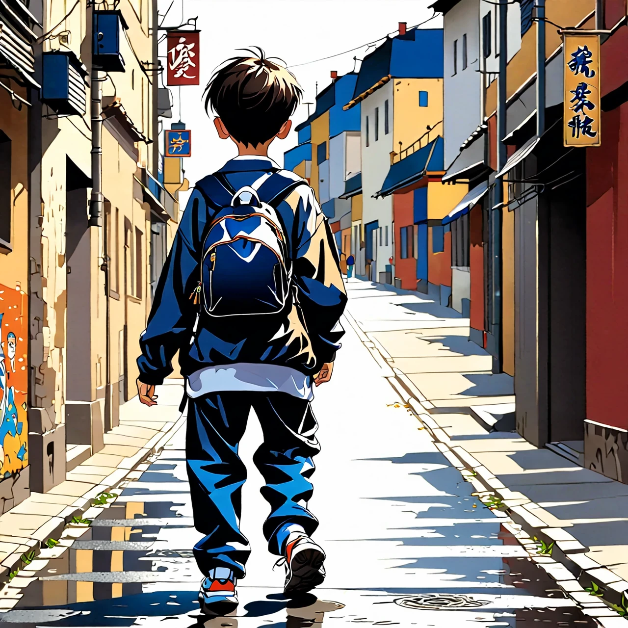 A boy Walking in the street.the back side of the boy