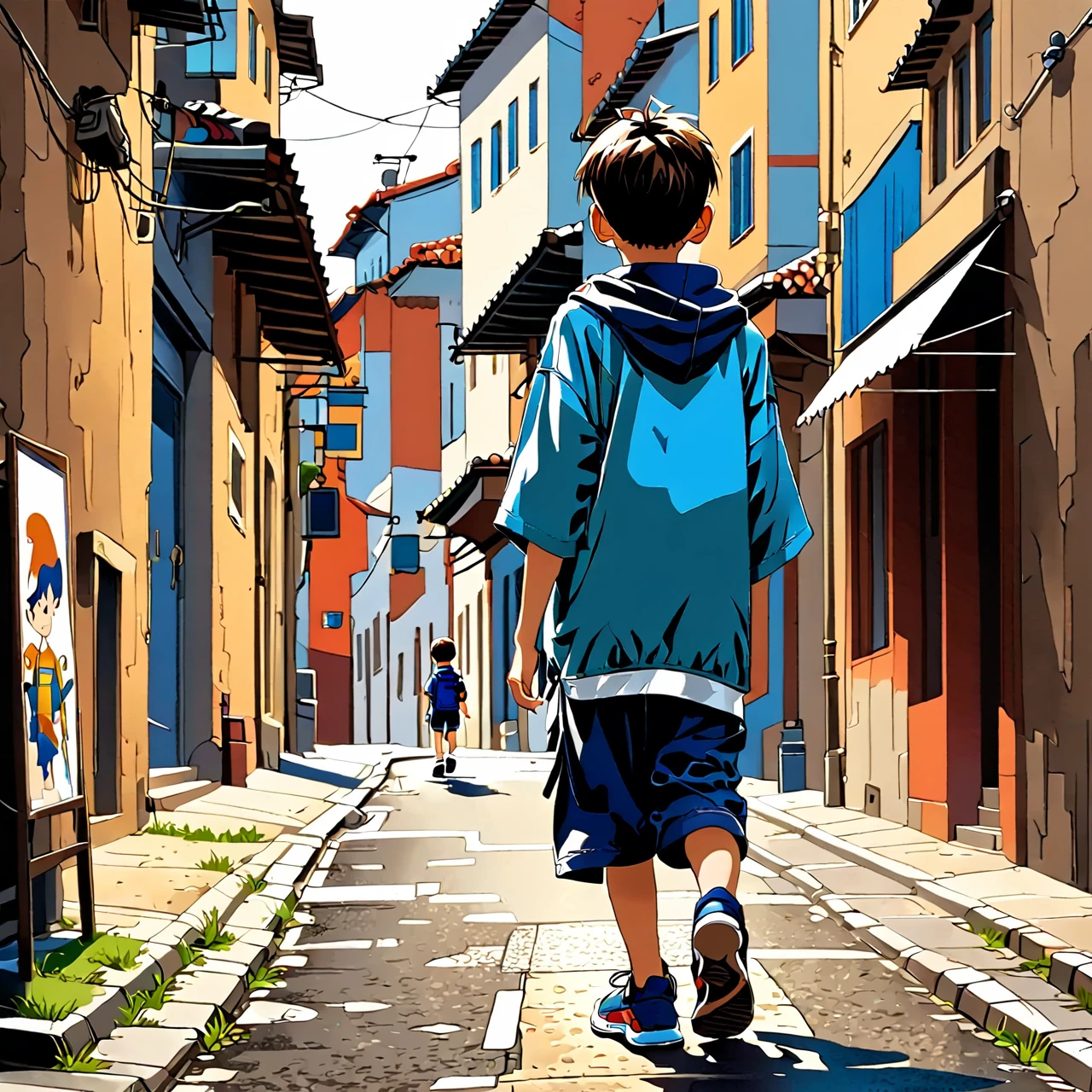 A boy Walking in the street.the back side of the boy
