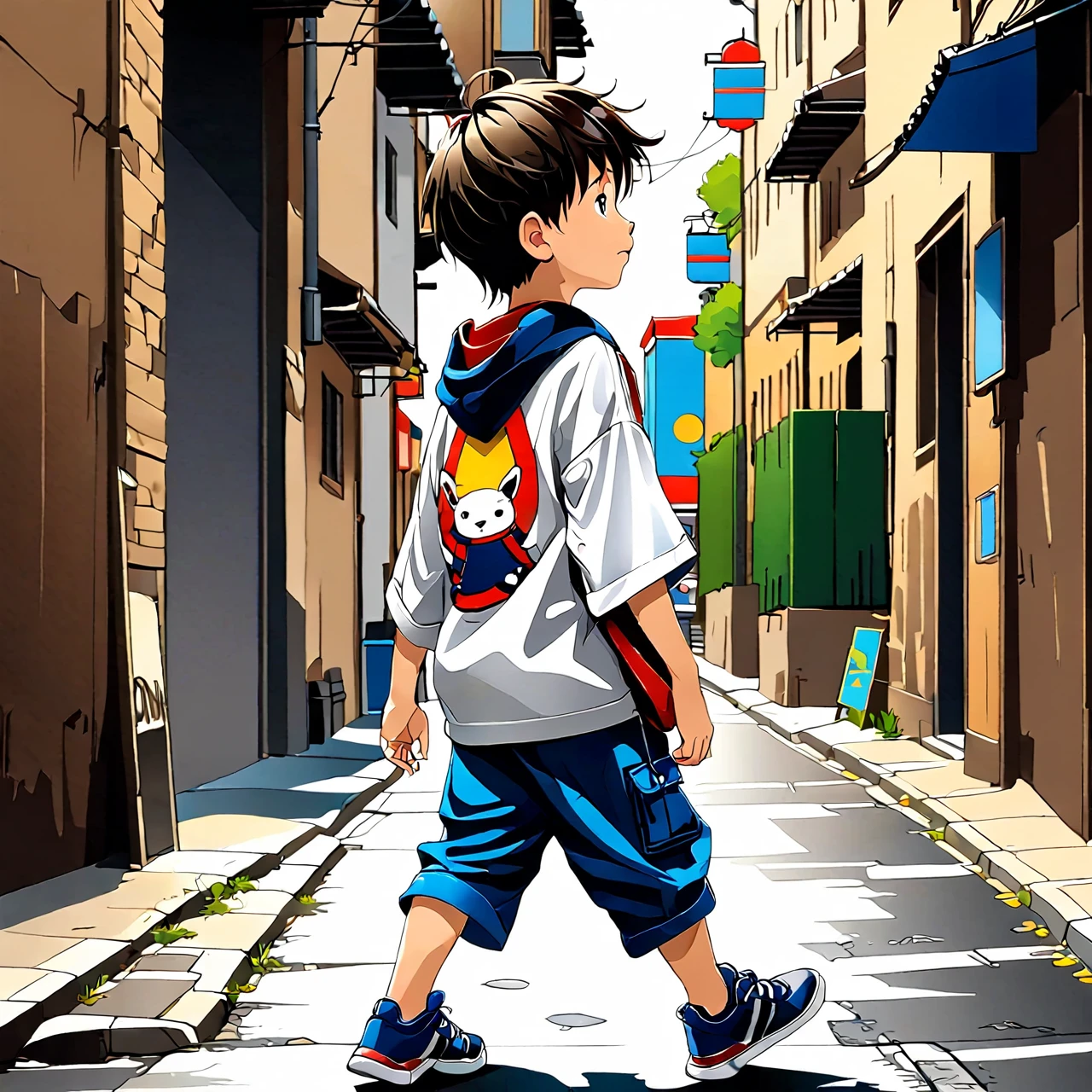A boy Walking in the street.the back side of the boy