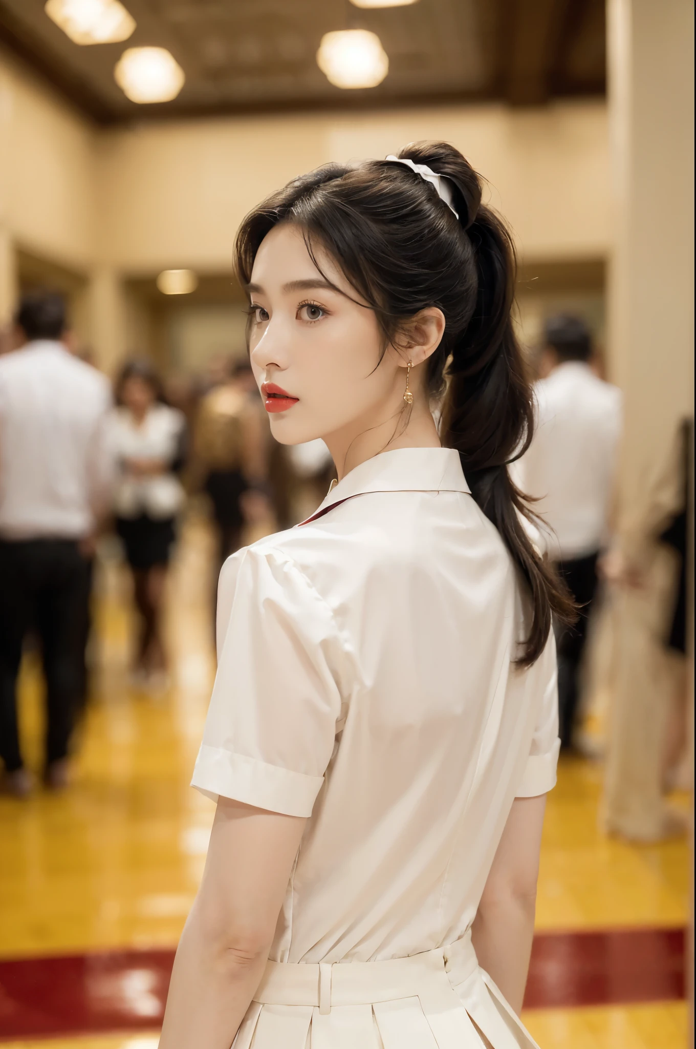 ((((8k))),((Extremely meticulous CG)) ,(wallpaper),16k,((Extremely refined and beautiful)),(((Masterpiece))),(((best qualtiy))),(((Ultra High Resolution))),beautiful light up,Perfect lightning,realistic shaded,(Smooth and flawless skin:1.5),(Extremely exquisite facial details:1.2),(perfect body:1.2),(ultra-detailed),((A beautiful girl,solo)),(small head:1.2),(pale skin:1.3),(short ponytail:1.3),(small face:1.2),(baby face:1.3),(glasses:1.2),(Exquisite makeup:1.2),(red lips:1.2),(parted lips:1.2),((slim,thin)),(disgusted expression:1.5),(short sleeves:1.2),(crystal necklace:1.2),(collared white uniform shirt:1.5),(shoulder off:1.3),(bare backs:1.3),(towering hips:1.3),(butt crack:1.3),(black pantyhose:1.5),(slender legs:1.2),(indoor:1.3),(summer:1.3),(detailed background:1.5),(standing:1.3),(arms behind back:1.2),(upper body:1.3),(from back:1.3),(day scene:1.5),(In a luxurious Hall:1.5),(bright and vivid colors:1.3),(surrounded by crowded crowds:1.3),Exchange, stock, trading floor, bustling, vibrant, large open space, polished floor, high ceilings, monitors, real-time market data, phones ringing, traders talking, efficient operation, trading desks, brokers booths, senior staff offices, equipped computers, telephones, raised platform, pit, brokers, dealers, activity, hushed tones, personnel, roles, responsibilities, traders, suits, monitoring screens, market movements, brokers, negotiation, clients, dealers, execution, efficiently effectively, organized space, buying selling stocks