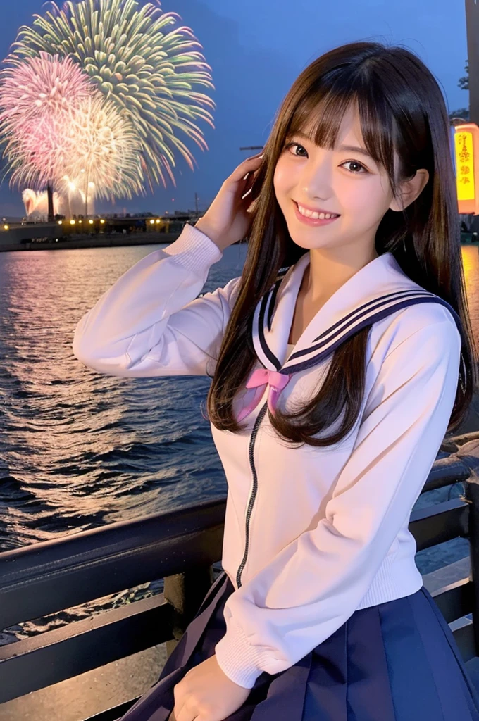 Image resolution 8K、masterpiece:1.3、cute、1 girl、(魅力的なBody Type:1.2)、abdomen:1.1、Dark brown hairstyle:1.1、(Body Type:1.2)、Ultra-detailed face、Attractive lips、double eyelid、Ultra-realistic and detailed Japanese girl in a white short-sleeved zippered sailor suit and pink skirt、日本人のcute女の子、10th Generation、 (16 yeat view and large fireworks in the background、Breast Size: 82cm、Smiling with a nice smile、color々Hair style、Hair blowing in the wind、