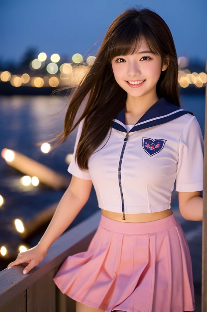 Image resolution 8K、masterpiece:1.3、cute、1 girl、(魅力的なBody Type:1.2)、abdomen:1.1、Dark brown hairstyle:1.1、(Body Type:1.2)、Ultra-detailed face、Attractive lips、double eyelid、Ultra-realistic and detailed Japanese school girl in a white short-sleeved zippered sailor suit and pink skirt、日本人のcute女の子、10th Generation、 (16 years old)、Night view and large fireworks in the background、Breast Size: 82cm、Smiling with a nice smile、color々Hair style、Hair blowing in the wind、