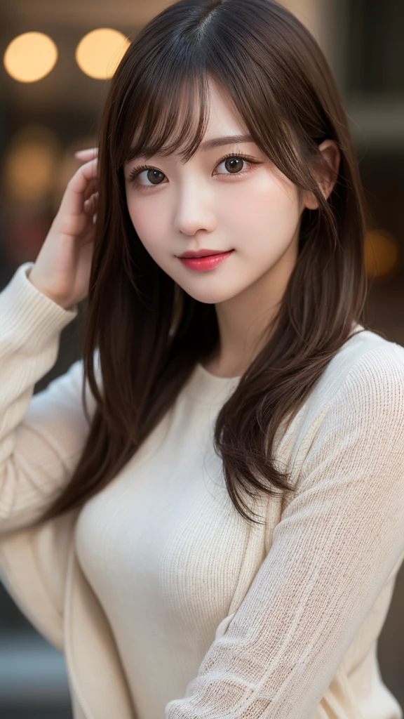 Tabletop, highest quality, shape, Very detailed, finely, High resolution, 8k wallpaper, Perfect dynamic composition, Beautiful and detailed, Long sleeve winter dress,Medium Hair, Small breasts, Natural color lip, Random sexy poses,smile,、20-year-old girl、Midnight、Beautiful and elaborate face、Perfect and beautiful face,Big eyes、RAW Photos、Spread your limbs wide、Feel your best with your whole body、Beautiful and detailed、Small face、Beautiful Duplex、Slim face and figure、Blur the background、whole body