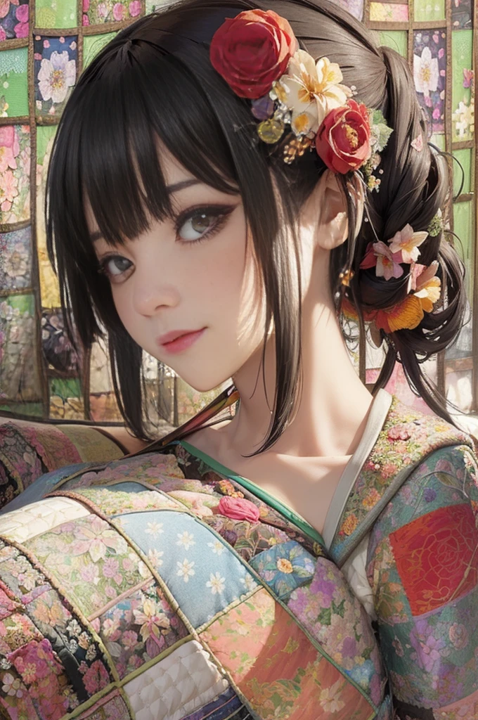 Solarization:1.5,(Patchwork floral tapestry art background:1.5),Colorful、Black hair、long、Korean beauty with matching bangs、Thin eyeliner、Rose Red Lip、Red kimono、Powerful studio lighting、top-quality、masterpiece、bokeh dof、Front Focus
