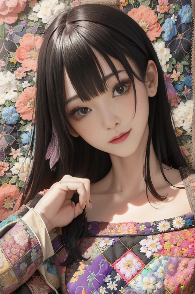 Solarization:1.5,(Patchwork floral tapestry art background:1.5),Colorful、Black hair、long、Korean beauty with matching bangs、Thin eyeliner、Rose Red Lip、Red kimono、Powerful studio lighting、top-quality、​masterpiece、bokeh dof、Front Focus