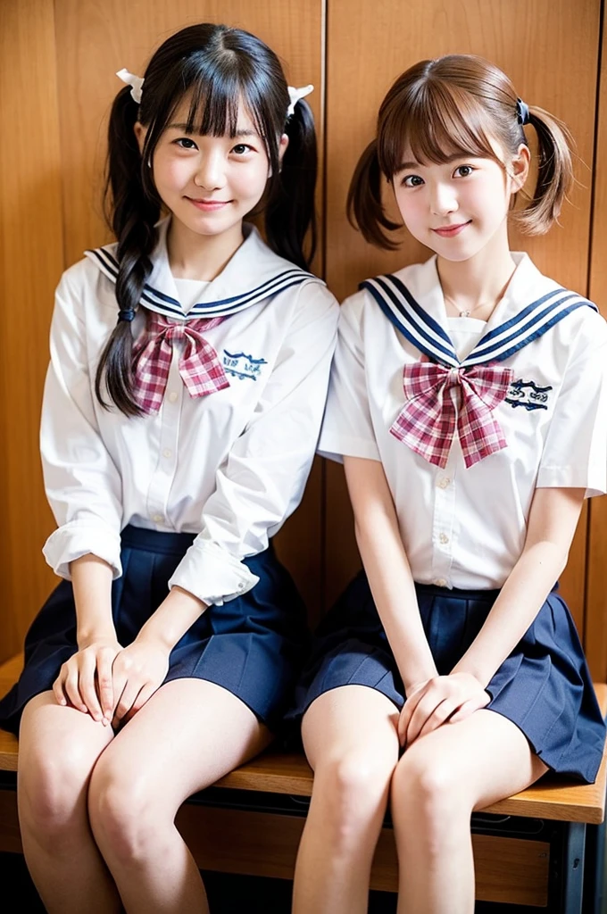 2 girls on desk in wooden school classroom,white shirt with sailor collar,pink plaid bow tie,18-year-old,bangs,a little smile,thighs,knees,wet short hair with low pigtails,from before,front light