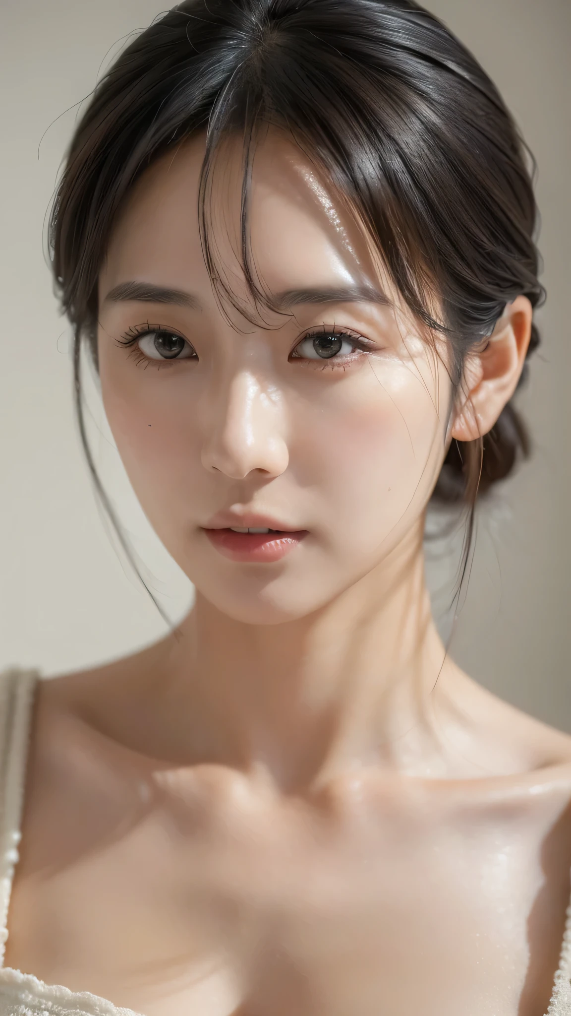 ((highest quality, 8K, Ultra high definition)), ((masterpiece: 1.3)), (Perfect appearance), (Photorealism: 1.6), (Close-up of Japanese mature woman&#39;s nose), (60 years old, Japanese mature woman smiles), (Face looking up), (Blurred Background: 1.8), ((A close-up of a woman&#39;s face in the center of the screen: 1.6)), ((Realistic skin texture)), (Fine wrinkles all over the skin, Dull skin, Unmoisturized skin, Wrinkles around the eyes, double eyelid, Lower eyelid tear trough, Crying Mole, Dimples), Gentle expression, (Smiling with the corners of his mouth turned up: 1.4), (Short bangs), (Long hair with curled ends), (Messy Hair), (Close-up of nose: 1.8), (Angle from the legs: 1.4),