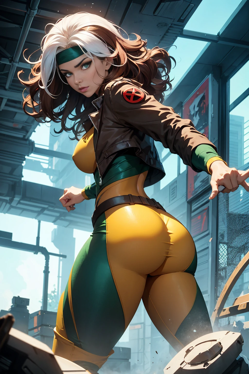 Create a semi-realistic, anime-inspired portrait of Rogue from the X-Men. Rogue is a strong and confident mutant with striking features. She has long, flowing auburn hair with a white streak, which is a prominent characteristic. Her eyes are intense and green, reflecting her determination and inner strength. She wears her iconic green and yellow bodysuit, which hugs her figure, showcasing her athletic build. Rogue's expression is serious yet captivating, conveying her complexity as a character. Ensure the portrait captures her essence as a powerful and enigmatic mutant while infusing it with the vibrant style of anime artwork, ass, seductive