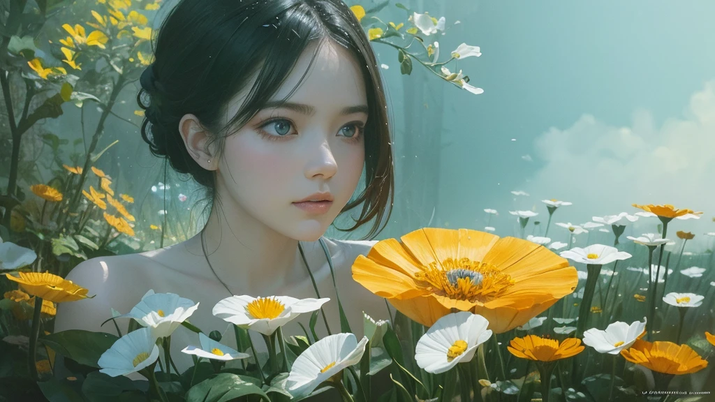 32k, Masterpiece, highest quality, One girl, Detailed eyes, flower,Sandersonia, Yellow and white style,A dreamy, romantic piece,Pale orange, Mysterious Leaves,A playful arrangement,Fantasy,High Contrast,Ink strokes,explosion,Exposure, Impression of yellow and white tones,Abstract,((Watercolours by John Berkey and Jeremy Mann )) Brush strokes,Negative Space, Tyndall effect,