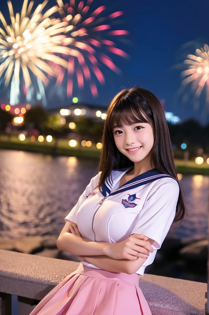 Image resolution 8K、masterpiece:1.3、cute、1 girl、(魅力的なBody Type:1.2)、abdomen:1.1、Dark brown hairstyle:1.1、(Body Type:1.2)、Ultra-detailed face、Attractive lips、double eyelid、Ultra-realistic and detailed Japanese school girl in a white short-sleeved zippered sailor suit and pink skirt、日本人のcute女の子、10th Generation、 (16 years old)、Night view and large fireworks in the background、Breast Size: 82cm、Smiling with a nice smile、color々Hair style、Hair blowing in the wind、