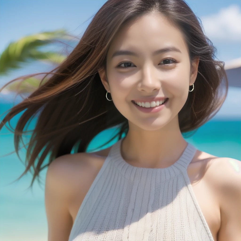 The face of a hostess、High neck sleeveless knit、High quality、Ultra-realistic、fine、Smiling face、Slim perfect figure、Japanese beauty、 Perfect Eyes、Radiant Skin、Upper body、Tropical sea background