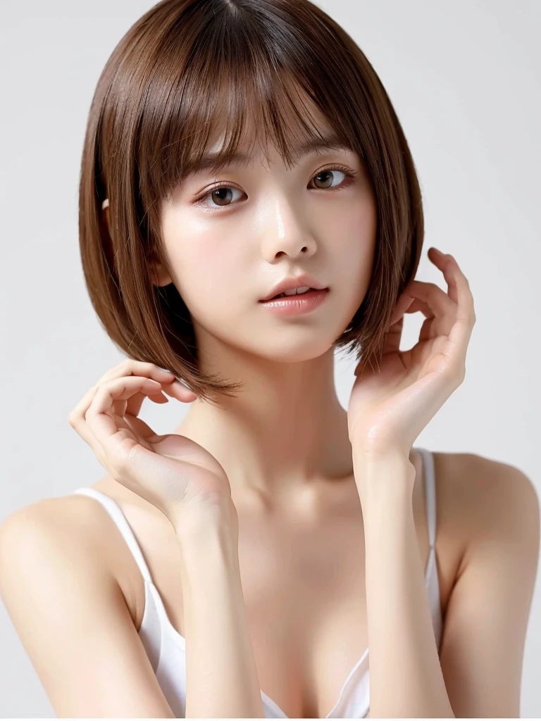 ((highest quality)), ((masterpiece)), (detailed), One girl,one piece,White background,Short Bob,Clear skin,clear,Shooting from a distance,delicate,Beauty salon model
