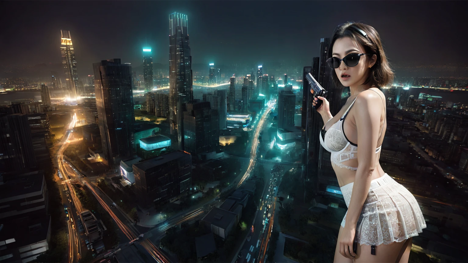 UE 5, computer render, Rendered by Octane, (8K, tmasterpiece), (realistically, Photo degree:1) luminescent concept art, (((((aerial view))))) of Cyberpunk city scene, ((Surreal circuit architecture)), (((((supercars street racing, 1 drone))))). Matrix style, (((((Matrix cascading code))))), (((((a futuristic twin tower skyscraper with a unique twisted design))))), (((((OLED GUI interfaces in the building))))), at night, (((((1girl, solo))))), photo realistic, (((large-breast:1.2 slim body, cleavage))), (((off broken mini sling-shirt and black lace sling bra, extreamly short pleated lace miniskirt exposing panty))), (((((running pose))))), (((((((matrix style tiny-frame black sunglasses))))))), ((((((((((aiming with a short gun)))))))))), (((((looking at camera))))), (((very low view))), (((((half-body thigh level medium shot))))), (((cinematic lighting))).