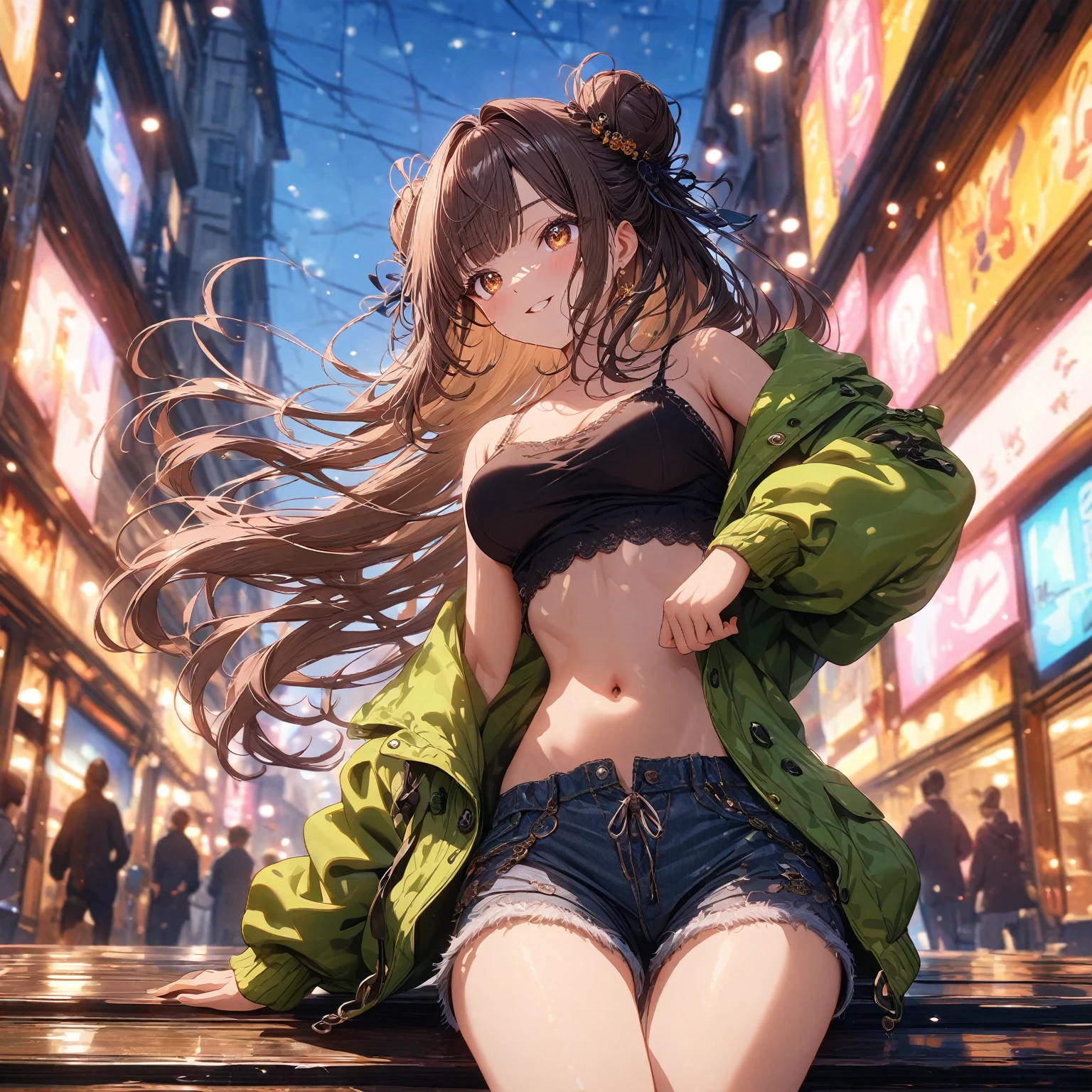 ((masterpiece:0), best quality, very aesthetic, newest, absurdres, detailed, high quality)
BREAK
highest quality, top quality, details, highres, ultra fine painting, digital art, official art, cinematic, 4k, 8k resolution, 8K CG wallpaper, CG, original artwork, detailed background, High Dynamic Range, blurry background, golden hour, blue hour, Starburst effects, crepuscular rays, good ISO, high resolution, wide shot, from far away, epic lighting, RAW photo, POV, sharp focus, lens flare, light reflection, reflections, light source, intricate details, hard light, particle noise, professional photography, bokeh, depth of field, good lighting, hard colors, looking away, detailed lights and shadows, stylish, ultra-detailed, Pixiv, trending art, niji style, modern-days, master crafted, pose
BREAK
solo, 1girl, a girl, correct fingers, detailed eyes, (medium big breasts:1.2), big thighs, short torso, short body, flushtered smile, warm happy expression, casual, (cute, slim), childish face, nice hips, nice body, brown hair, (long flowing hair:1.1), big twin buns hairstyle, long bangs, long hair, middle hair bangs, brown eyes, dynamic pose, full body
BREAK
(black string tank top, off shoulder open green hoodie, tummy skin:1.1, open unbuttoned shorts, outfit ornaments)
BREAK
Sitting position