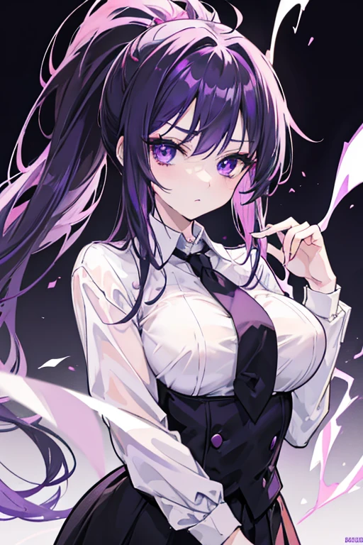 anime girl, dark purple hair, purple eyes with pink, pale skin, wearing a formal suit (white t-shirt with black tie),with a ponytail in her hair, elegant makeup, big breasts but not that big.