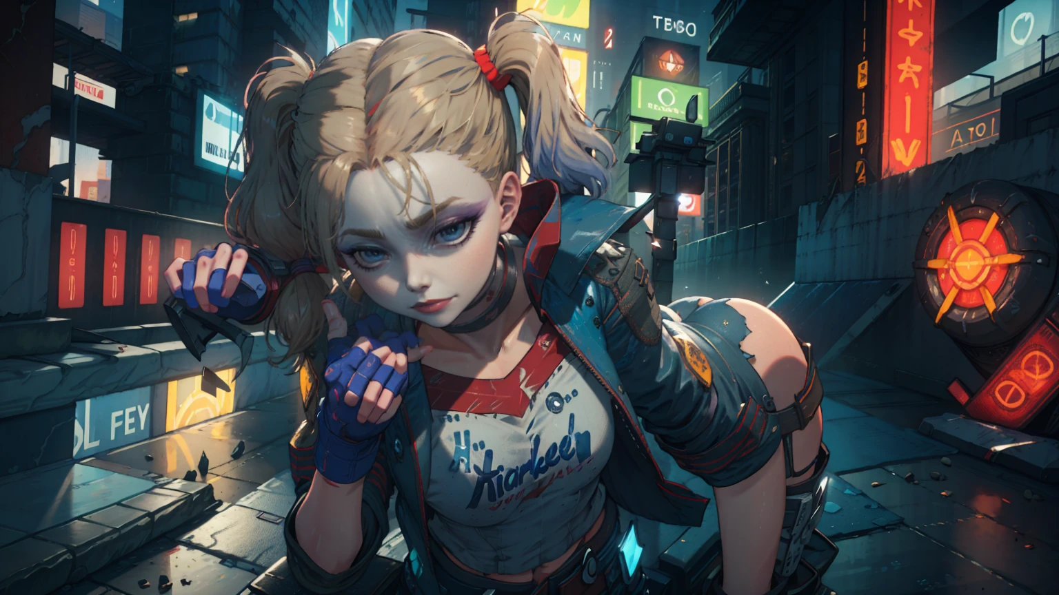 Obra de arte, Foto ultrafina, harley quinn, melhor qualidade, ultra high resolution, Fotorrealista, retrato de corpo inteiro, inacreditavelmente lindo, dynamic poses, rosto delicado, olhos vibrantes, (vista lateral) seios grandes, decote, abaixo do peito, Sitting on top of a building, fundo muito detalhado, fundo de cidade de noite, olhando para o espectador, 1girl, rosto detalhado, Maravilhoso, pele altamente detalhada, detalhe de pele realista, sharp focus, volumetric fog, 8k hd, DSLR, alta qualidade, film grain, Pele clara, fotorrealismo, Lomografia, in a dystopian and sprawling future metropolis, visto de baixo, translucent, fundo cyberpunk, futurista, luzes neon, cyberpunk, night city, harleyquinnssktjl