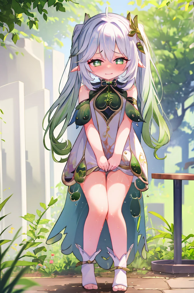 girl, flat breasts, silver hair, green eyes, elf, elf clothes, looking to the camera, (chibi:0.6), embarrassed, ashamed, legs, half-closed eyes, rolling eyes, (no panties:1.3)