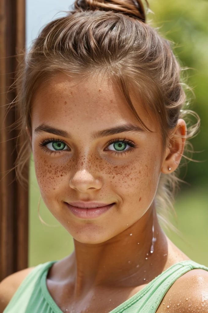 A lovely young woman with tanned skin, freckles splashed across her nose and cheeks, light green sparkling eyes with mischief, shoulder-length chestnut brown hair, often tied back in a messy bun.