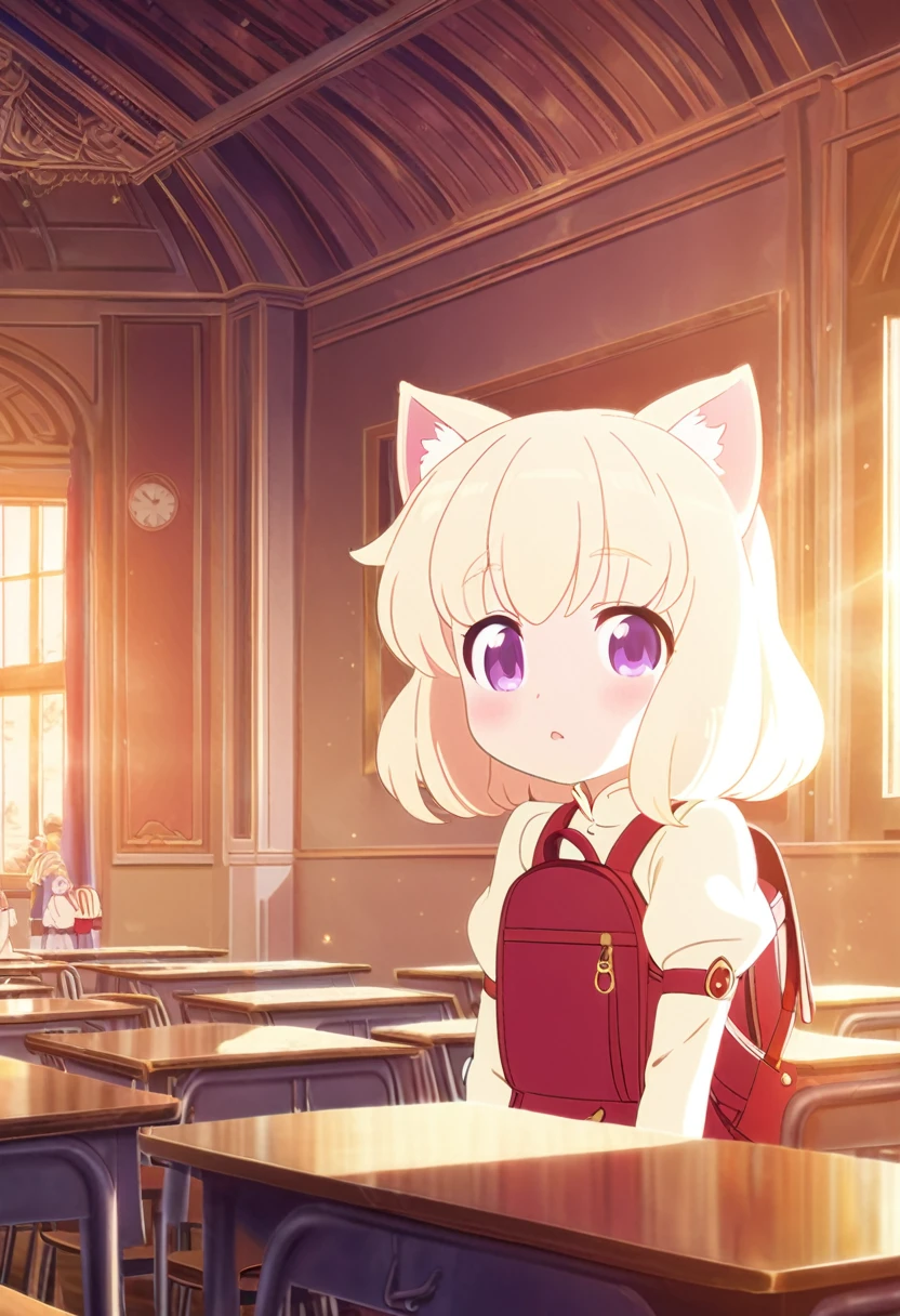 A little cat girl, beautiful detailed purple eyes, cream colored hair,  , red backpack, high quality lighting, vibrant colors, soft lighting, golden hour lighting, magical realism, fantasy, anime style, In a classroom full of students 