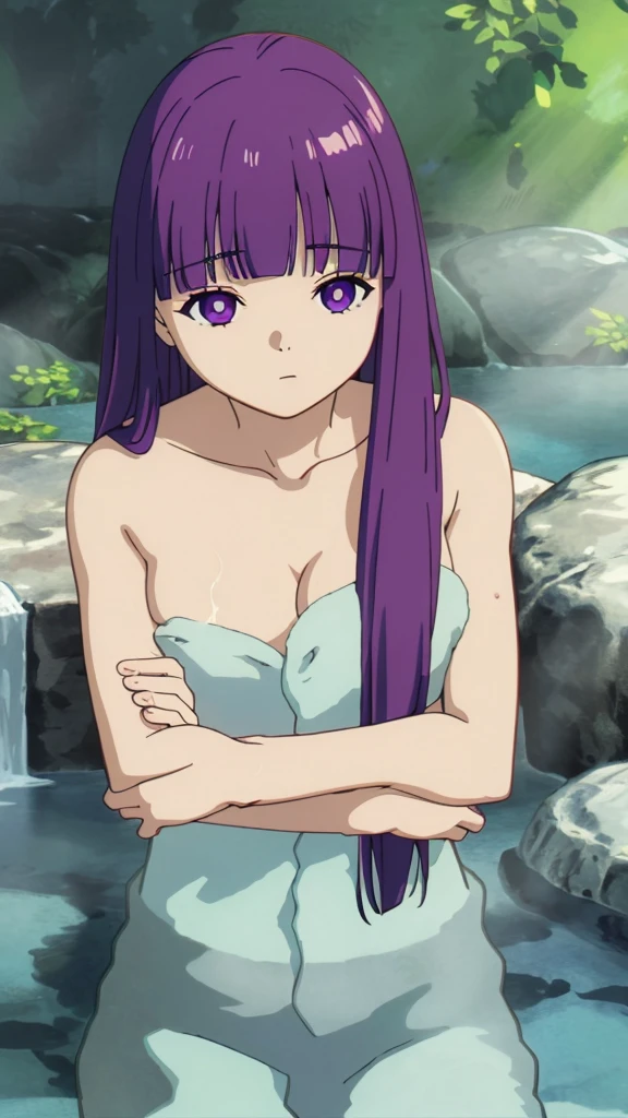 1girl, fern, long hair, hair ornaments, ((naked)) wet, towel, ((nude)), bathing, hot spring, sitting, ((knee up)), ((spread legs)), looking at viewer, ((masterpiece)), best quality, high detailed illustration, high detailed background, hi-res