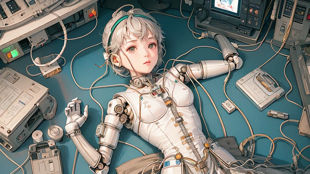 (((masterpiece))), (((highest quality))), ((Very detailed)), (Highly detailed CG illustrations), ((Very delicate and beautiful)),(Cute and delicate face),Light,((1. Machine Girl)),alone,whole body,(Machine made joints:1.4),((Mechanical Limbs)),(Muscles bulge),(Blood vessels are connected to tubes),(Brain in a container:1.3),((Mechanical vertebrae attached to the back)),((Mechanical cervical vertebrae attached to the neck)),((Sitting)),poker face,(Wires and cables attached to head and body:1.5),Small breasts,short hair,(Character Focus),SF,Lying down