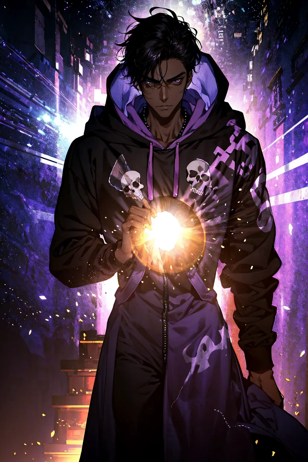 male with bones, looking away from camera, skulls, bones, handsome, black, dark skin, tall, broad shoulders, black hair, purple, purple fire, magic, detailed face, fantasy, hoodie