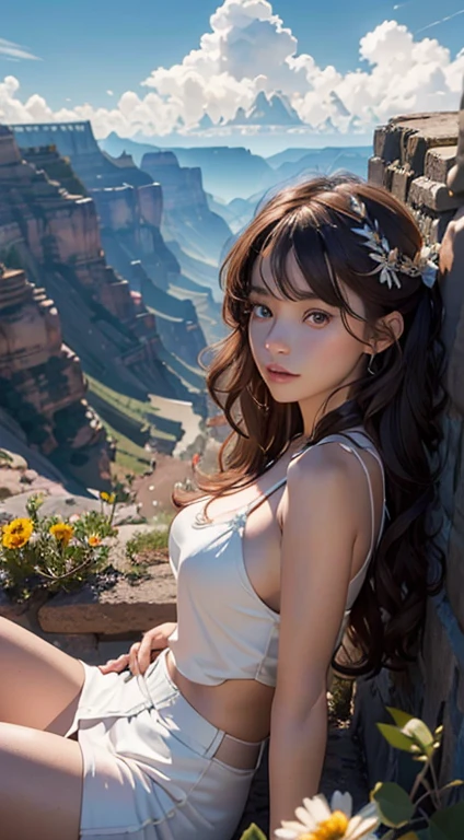 malina weissman, Diosa atractiva，Los rasgos faciales son extremadamente hermosos，La forma del cuerpo es delgada，Sense of Character，piernas largas，Pecho grande，pelirrojo de pelo largo，rizos，Lie down in the flowers，artistic pose，Grand Canyon in the background，rios，Grandes palacios antiguos，strange sky，Platillo volador，Nubes singulares，Close-up after sunset