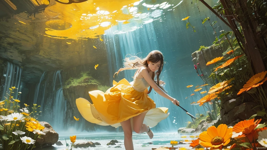 32k, Masterpiece, highest quality, One girl, Detailed eyes, flower,Sandersonia, Yellow and white style,A dreamy, romantic piece,Pale orange, Mysterious Leaves,A playful arrangement,Fantasy,High Contrast,Ink strokes,explosion,Exposure, Impression of yellow and white tones,Abstract,((Watercolours by John Berkey and Jeremy Mann )) Brush strokes,Negative Space, Tyndall effect,