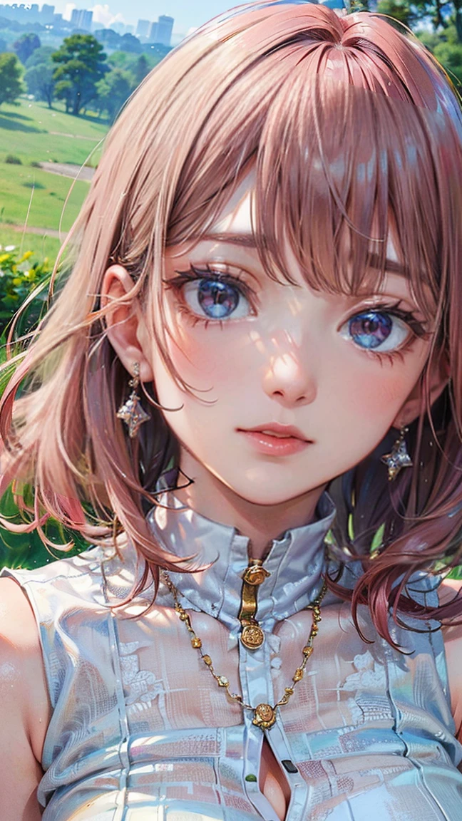 (Masterpiece, BestQuality:1.3), (ultra detailed:1.2), (hyperrealistic:1.3), (RAW photo:1.2), High detail RAW color photo, professional photograph, (Photorealistic:1.4), (realistic:1.4), professional lighting, perfect anatomy, (Big Breasts:1.2), (blush, detailed face), (cheerful Smile:1.5), Trending Hair&Trending Hairカラーをランダムに, earrings, necklace, bracelet, sexy, erotic sexy, Random sexy gravure poses, (A beautiful pink-haired woman wearing a white summer linen dress、On top of a green hill, my hair fluttering in the wind。She has a satisfied look on her face。:1.3)