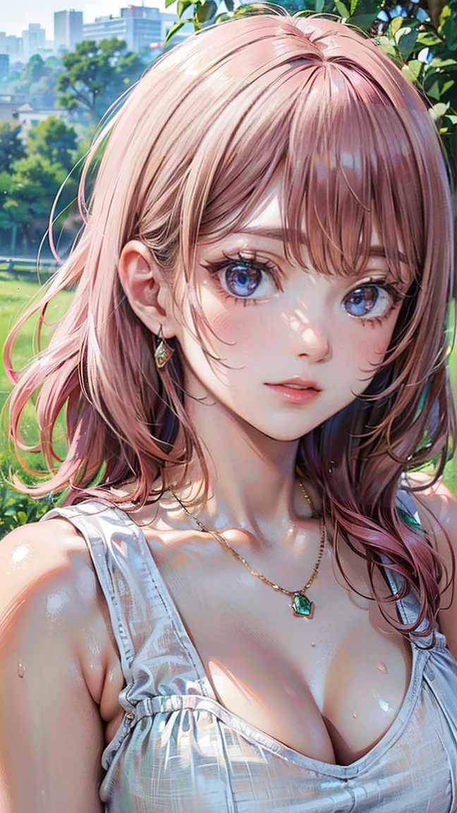 (Masterpiece, BestQuality:1.3), (ultra detailed:1.2), (hyperrealistic:1.3), (RAW photo:1.2), High detail RAW color photo, professional photograph, (Photorealistic:1.4), (realistic:1.4), (Pink Hair:1.5), professional lighting, perfect anatomy, (:1.2), (blush, detailed face), (A happy smile:1.7), sexly, erotsexly, sexy gure poses, (A l wearing an orange casual dress and a bracelet、Smiling in the woods surrounded by autumn leaves。:1.3)