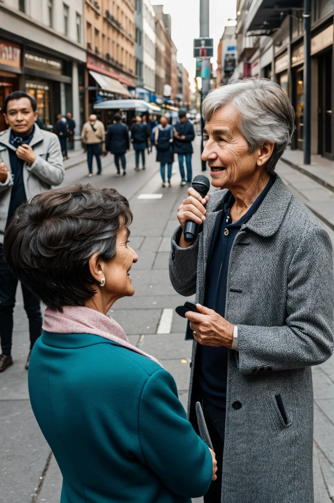 Create a boy interviewing a 60-year-old woman on the street