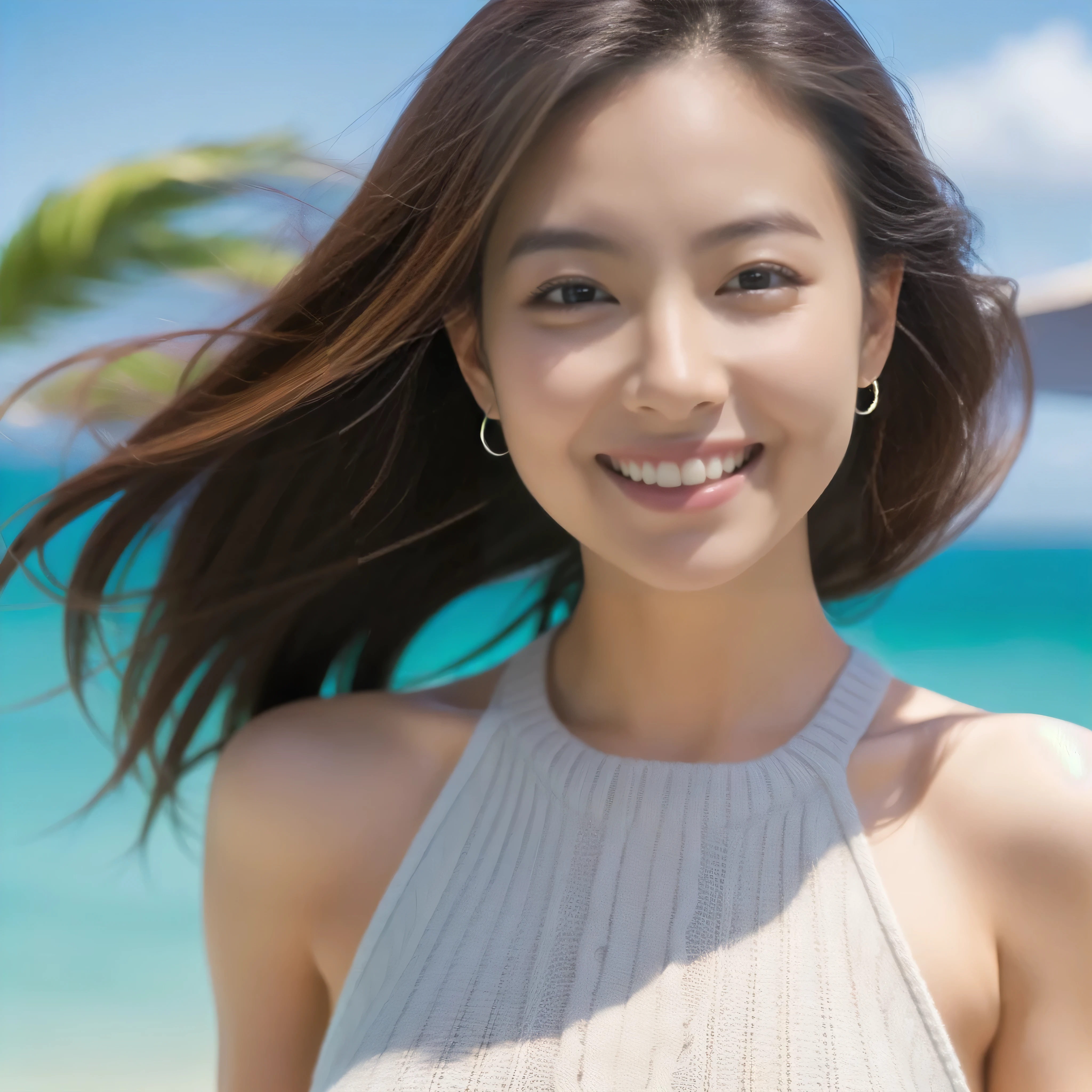 The face of a hostess、High neck sleeveless knit、High quality、Ultra-realistic、fine、Smiling face、Slim perfect figure、Japanese beauty、 Perfect Eyes、Radiant Skin、Upper body、Tropical sea background