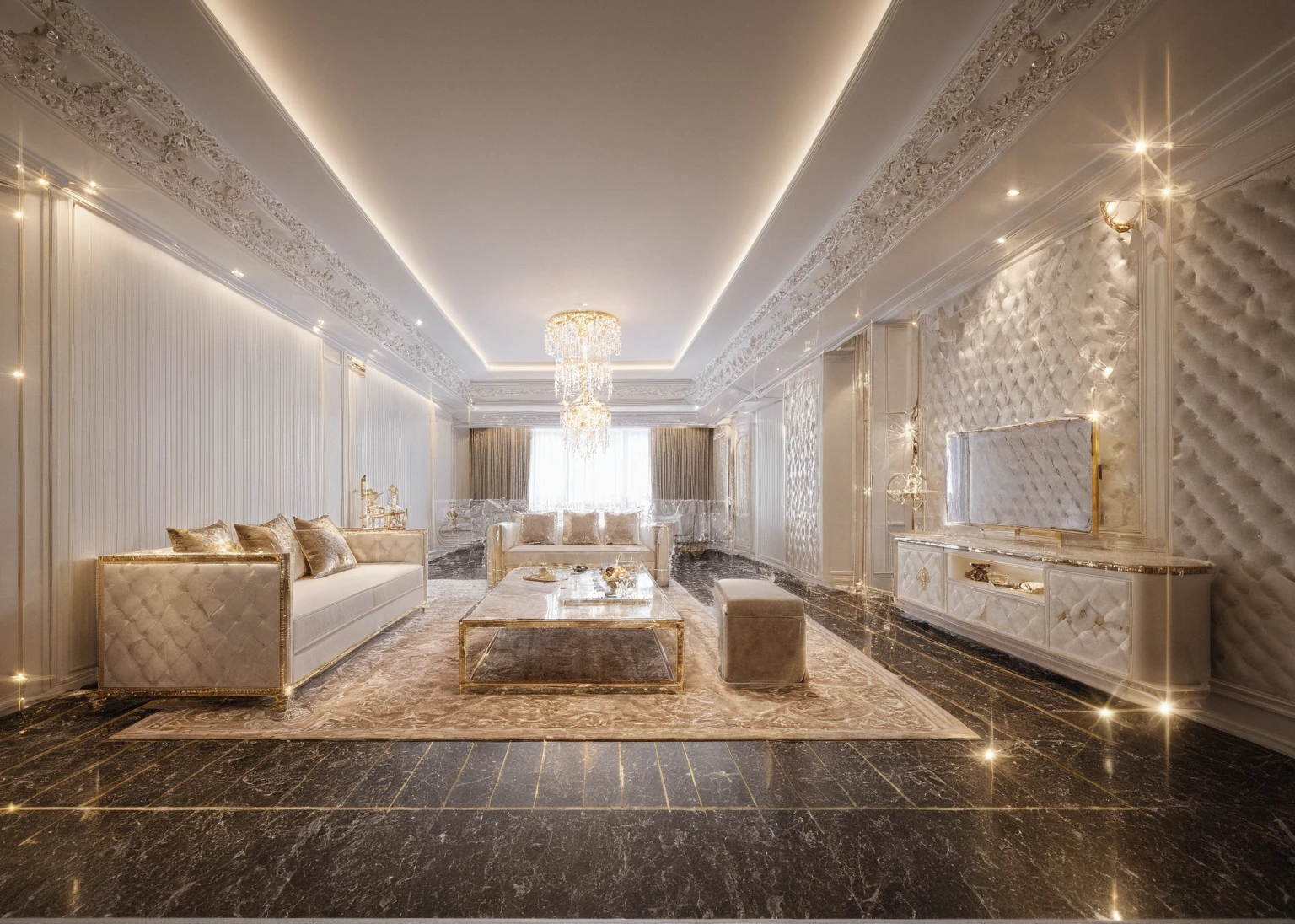 ,Masterpiece, Best quality,8K, Ultra-high resolution,When you step into the living room,Immediately surrounded by a rich atmosphere of luxury。Ornate crystal chandeliers hang high on the wall,Shine brightly。The sofa was covered with a soft white fluffy blanket,It is so comfortable,So much so that you can't help but indulge in it。In the corner of the living room is a delicate coffee table,Embellished with precious porcelain and champagne gold ornaments。Whenever it is late afternoon,The afterglow from the window spilled on the floor,Soft light and shadow are reflected,It was as if entering a dreamland。