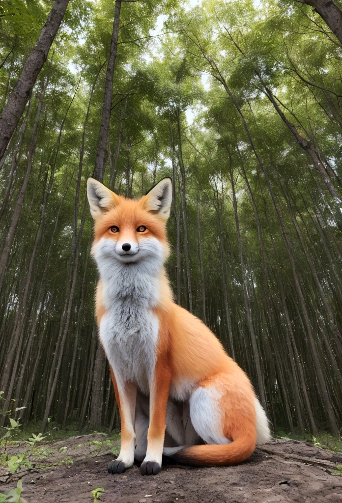 Translucent fox、looking at the camera、The background is a forest、Shooting from a distance