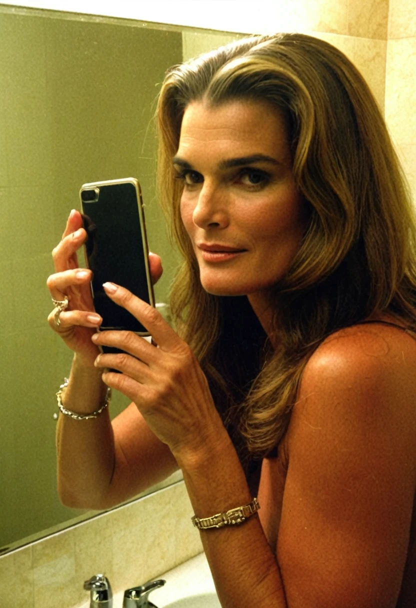 amateur cellphone photography, Brooke shields taking a photo inside the bathroom's hotel,f8.0, noise,grainy effect,jpeg artefacts, poor lighting, low light, underexposed, high contrast,mirror reflect,perfection,detailed hands,perfection style