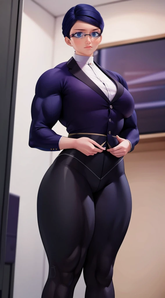 a muscular female bodybuilder in office suit, detailed face, beautiful detailed eyes, beautiful detailed lips, extremely detailed face and muscles, long eyelashes, strong muscles bulging through suit, dynamic pose, professional studio lighting, hyperrealistic, 8k, high quality, photorealistic, physically-based rendering, concept art, dramatic color palette