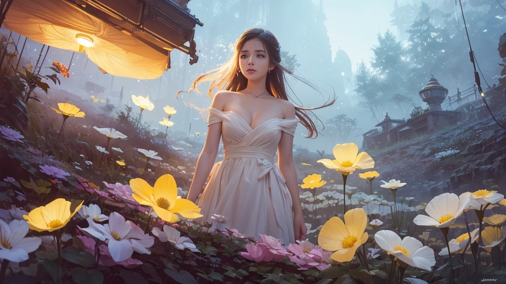 32k, Masterpiece, highest quality, One girl, Detailed eyes, flower,Sandersonia, Yellow and white style,A dreamy, romantic piece,Pale orange, Mysterious Leaves,A playful arrangement,Fantasy,High Contrast,Ink strokes,explosion,Exposure, Impression of yellow and white tones,Abstract,((Watercolours by John Berkey and Jeremy Mann )) Brush strokes,Negative Space, Tyndall effect,