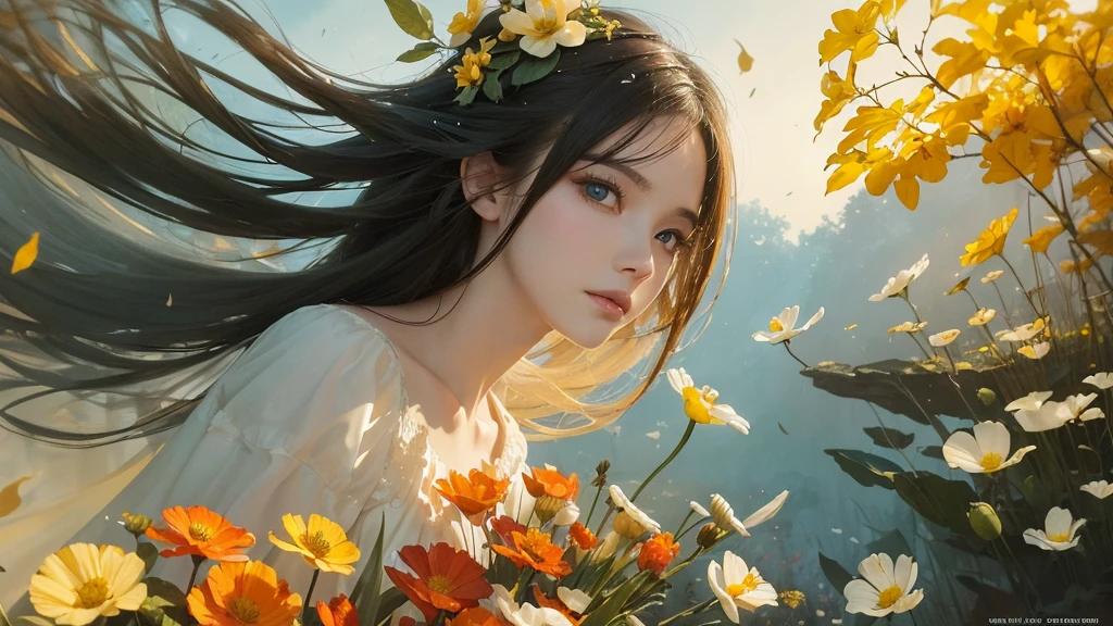 32k, Masterpiece, highest quality, One girl, Detailed eyes, flower,Sandersonia, Yellow and white style,A dreamy, romantic piece,Pale orange, Mysterious Leaves,A playful arrangement,Fantasy,High Contrast,Ink strokes,explosion,Exposure, Impression of yellow and white tones,Abstract,((Watercolours by John Berkey and Jeremy Mann )) Brush strokes,Negative Space, Tyndall effect,