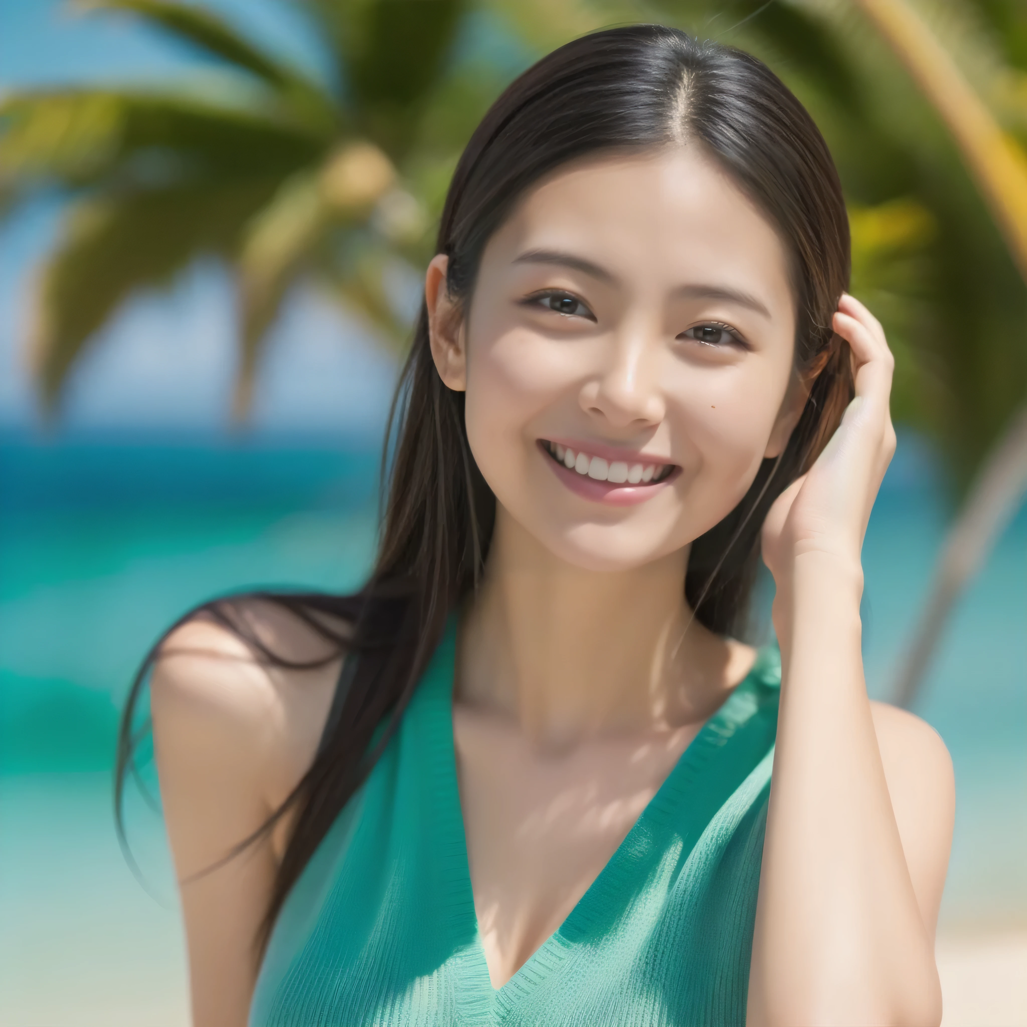 The face of a hostess、High neck sleeveless knit、High quality、Ultra-realistic、fine、Smiling face、Slim perfect figure、Japanese beauty、 Perfect Eyes、Radiant Skin、Upper body、Tropical sea background