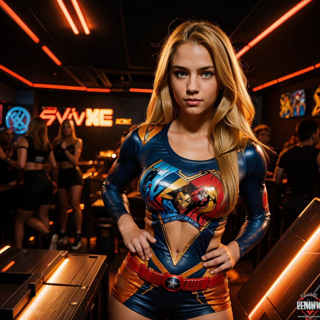 comic book style, joe madureira style line art, extremely attractive girl, woman, female wearing an x-men t-shirt, american heritage, blonde hair, bright red eyes, proud expression, standing inside a nightclub singing,snthwve style, nvinkpunk, duskypie