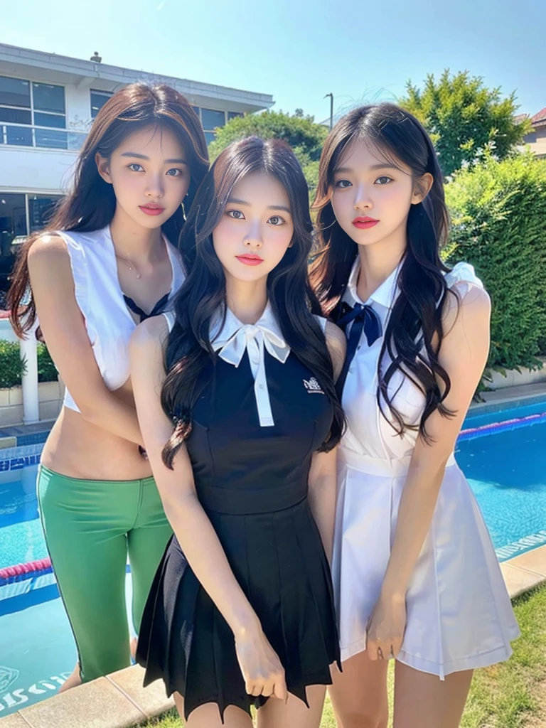 (A super cute Korean gal high school girl takes a photo with two close friends from her class..2)(LOL:1.2)(Beautiful Sweat:1.1)(16k, RAW Photos, highest quality, masterpiece: 1.2),(Mr.々Beautiful blonde with a stylish hairstyle:1.2) Super detailed, Super Resolution, (Genuine, Genuine photos: 1.37), Portraiture, High-resolution RAW color photos, Professional photos, Very detailed, 8k wallpaper, Very detailed CG Unity 8k wallpaper, Very detailed beautiful girls, Very detailed faces, ((whole body)), beautiful woman, Huge breasts,(huge boobs:1.1) (Big Boobs:1.1), Beauty college student (A tight, girly, navy sleeveless with ribbon.),high school girl, Korean Girls,(K-POP Female Idols), (Idol-class beauty)(Beautiful high school girl:1.1)(School swimming pool)(18-year-old)(Stylish school uniform-style outfit for summer:1.1)(Group photo:1.2)(Splash:1.1)