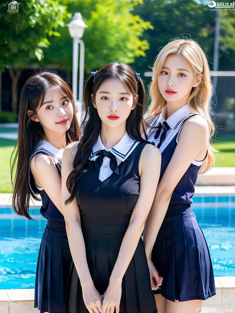 (A super cute Korean gal high school girl takes a photo with two close friends from her class..2)(LOL:1.2)(Beautiful Sweat:1.1)(16k, RAW Photos, highest quality, masterpiece: 1.2),(Mr.々Beautiful blonde with a stylish hairstyle:1.2) Super detailed, Super Resolution, (Genuine, Genuine photos: 1.37), Portraiture, High-resolution RAW color photos, Professional photos, Very detailed, 8k wallpaper, Very detailed CG Unity 8k wallpaper, Very detailed beautiful girls, Very detailed faces, ((whole body)), beautiful woman, Huge breasts,(huge boobs:1.1) (Big Boobs:1.1), Beauty college student (A tight, girly, navy sleeveless  with ribbon.),high school girl, Korean Girls,(K-POP Female Idols), (Idol-class beauty)(Beautiful high school girl:1.1)(School swimming pool)(18-year-old)(Stylish school uniform-style outfit for summer:1.1)(Group photo:1.2)(Splash:1.1)