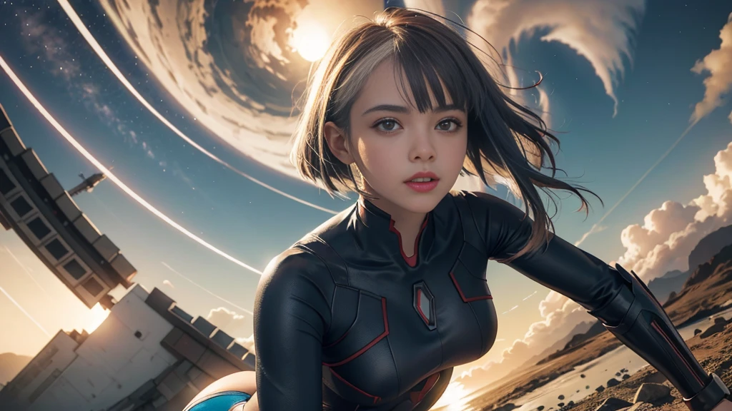 4k, realista, charismatic, muito detalhado, There's a girl in heaven, vestired in a super girl costume, she is a super girl, superhero theme, cabelo curto loiro, rabo de cavalo, 20 anos, corpo todo, (detalhe nos olhos), (detalhe no rosto), incrivelmente bonito, olhos azuis, corar, inventar, batom vermelho, mini-saia, (quadris largos),  (coxas grossas), Seios pequenos, vestir,, Pose sedutora, (figura de ampulheta extrema), afinar, esbelto, saia branca, botas, camiseta apertada SEXY PAPEL DE PAREDE PC