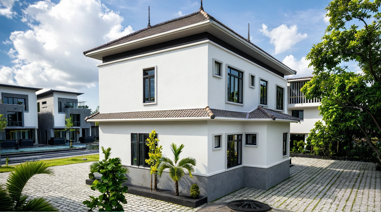 Masterpiece, high quality, best quality, authentic, super detail, outdoors, onestoreyvillaXL, aiaigroup, house style modern on the street, ((luxury villa)), stairs, white wall ,road,pavement, grass, trees, sky, cloud, (daylight:1.1),