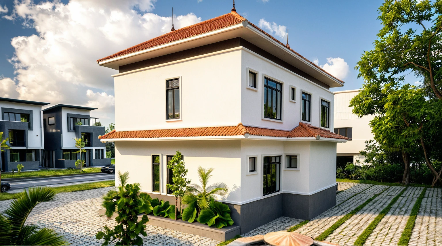 Masterpiece, high quality, best quality, authentic, super detail, outdoors, onestoreyvillaXL, aiaigroup, house style modern on the street, ((luxury villa)), stairs, white wall ,road,pavement, grass, trees, sky, cloud, (daylight:1.1),
