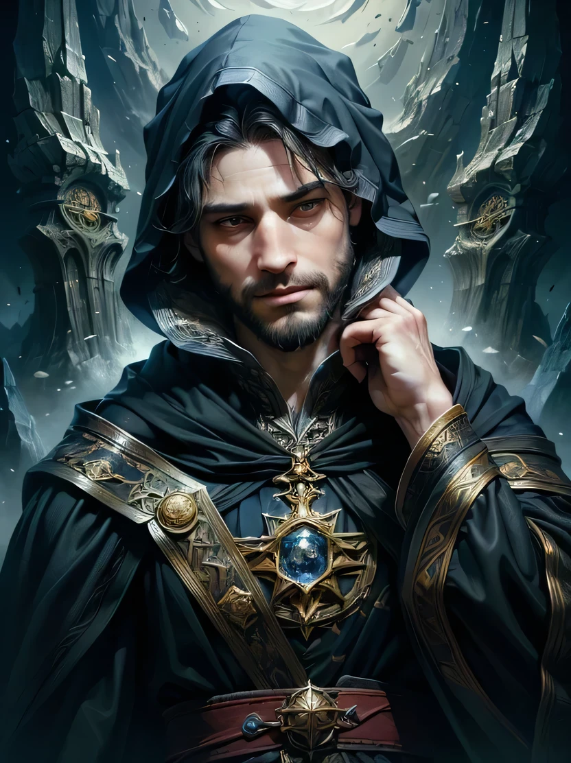 ((masterpiece、highest quality、Very detailed、High resolution、Realistic、Sharp focus))、Bust Shot、Focus on the chest up、Handsome young male wizard wearing a charming hood、(Black Hair、A calm face、Sharp Eye)、beard、Dark atmosphere、View your audience、Detailed depiction of the hand、oil painting、Wizardrope